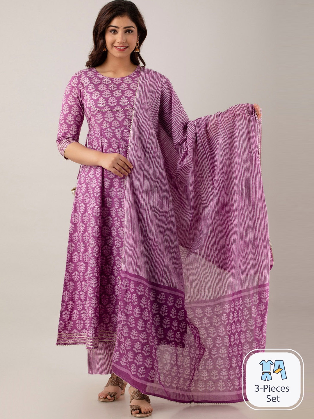 

CELEBRAVO Floral Printed Pure Cotton Kurta & Trousers With Dupatta, Purple