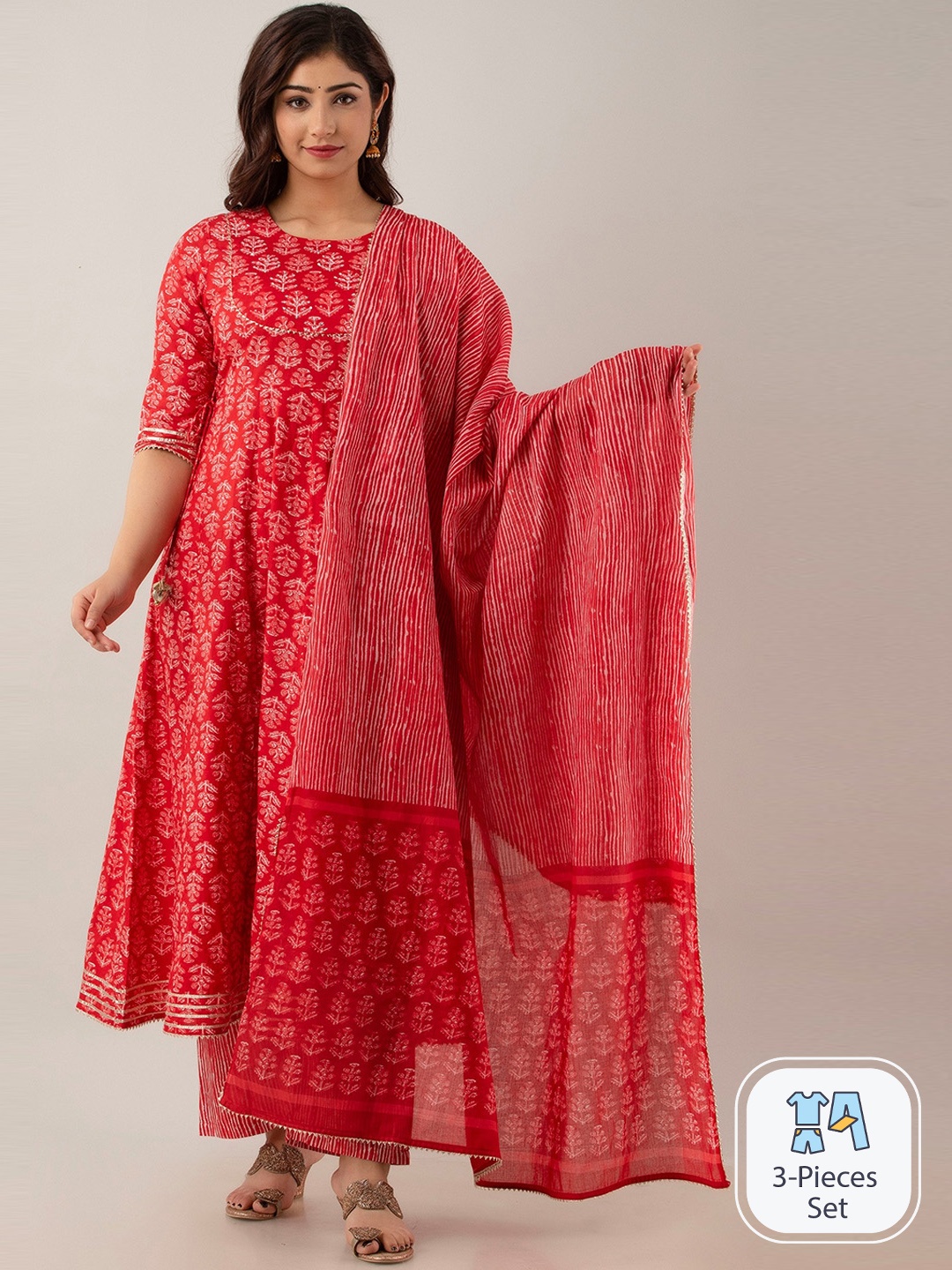 

CELEBRAVO Floral Printed Pure Cotton Kurta & Trousers With Dupatta, Red