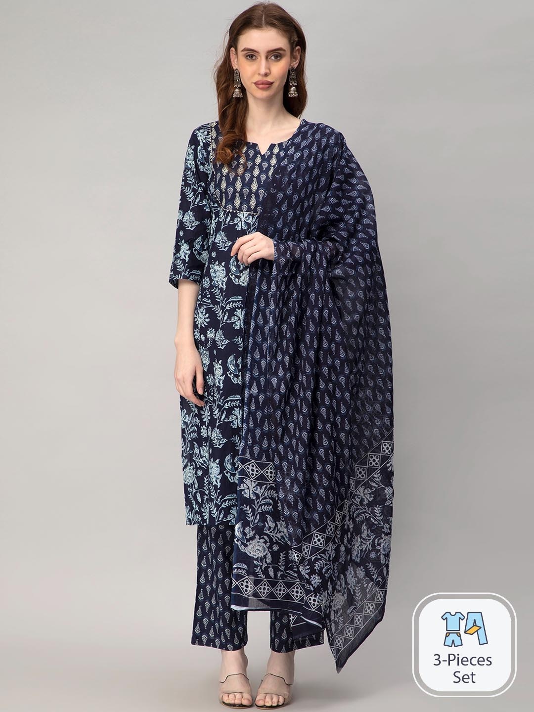 

CELEBRAVO Floral Printed Pure Cotton Kurta & Trousers With Dupatta, Blue