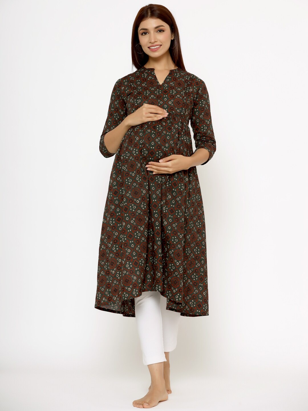 

CRAFIQA Floral Printed Pure Cotton Maternity & Nursing Kurta, Green