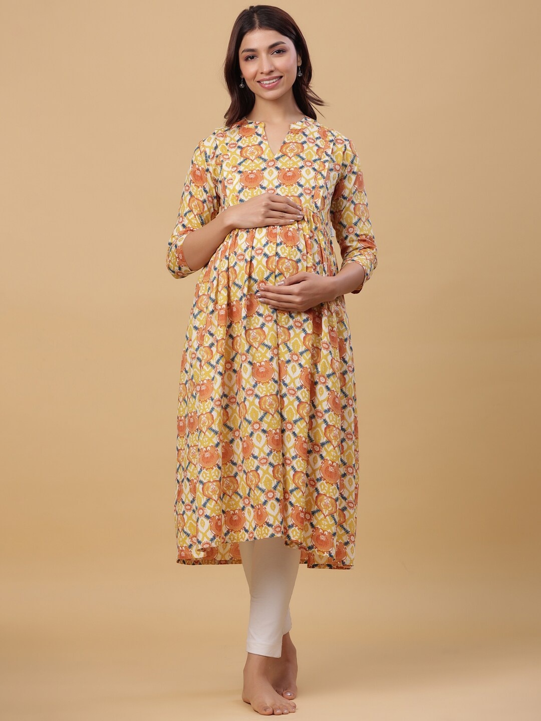 

CRAFIQA Women Ethnic Motifs Printed Cotton Maternity A-Line Kurta, Yellow