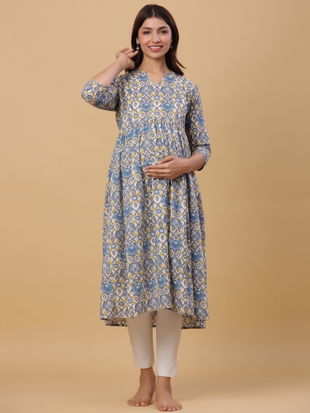 

CRAFIQA Ethnic Motifs Printed Anarkali Cotton Maternity & Nursing Kurta, Blue