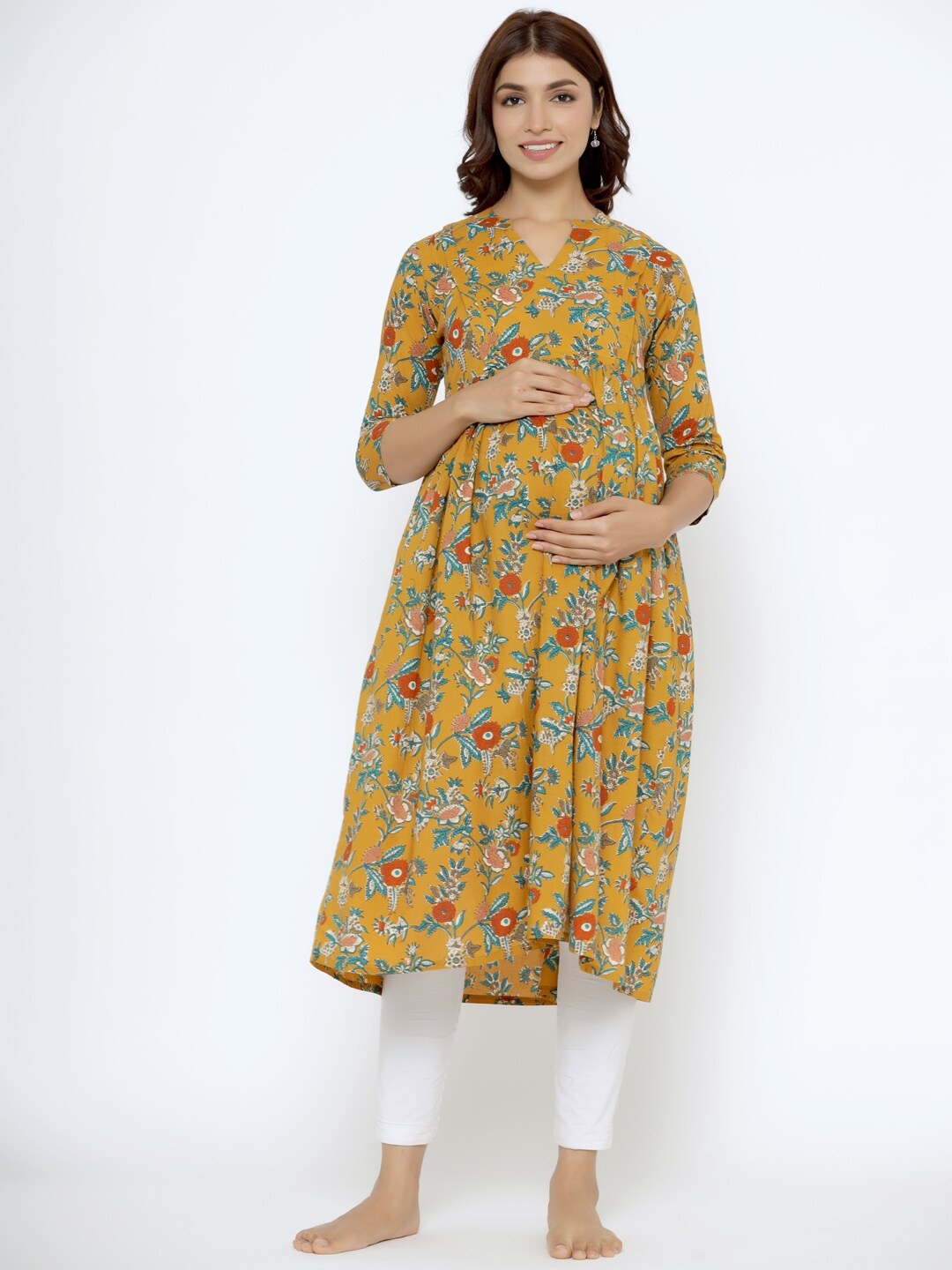 

CRAFIQA Floral Print Mandarin Collar Anarkali Maternity Cotton Kurta, Mustard