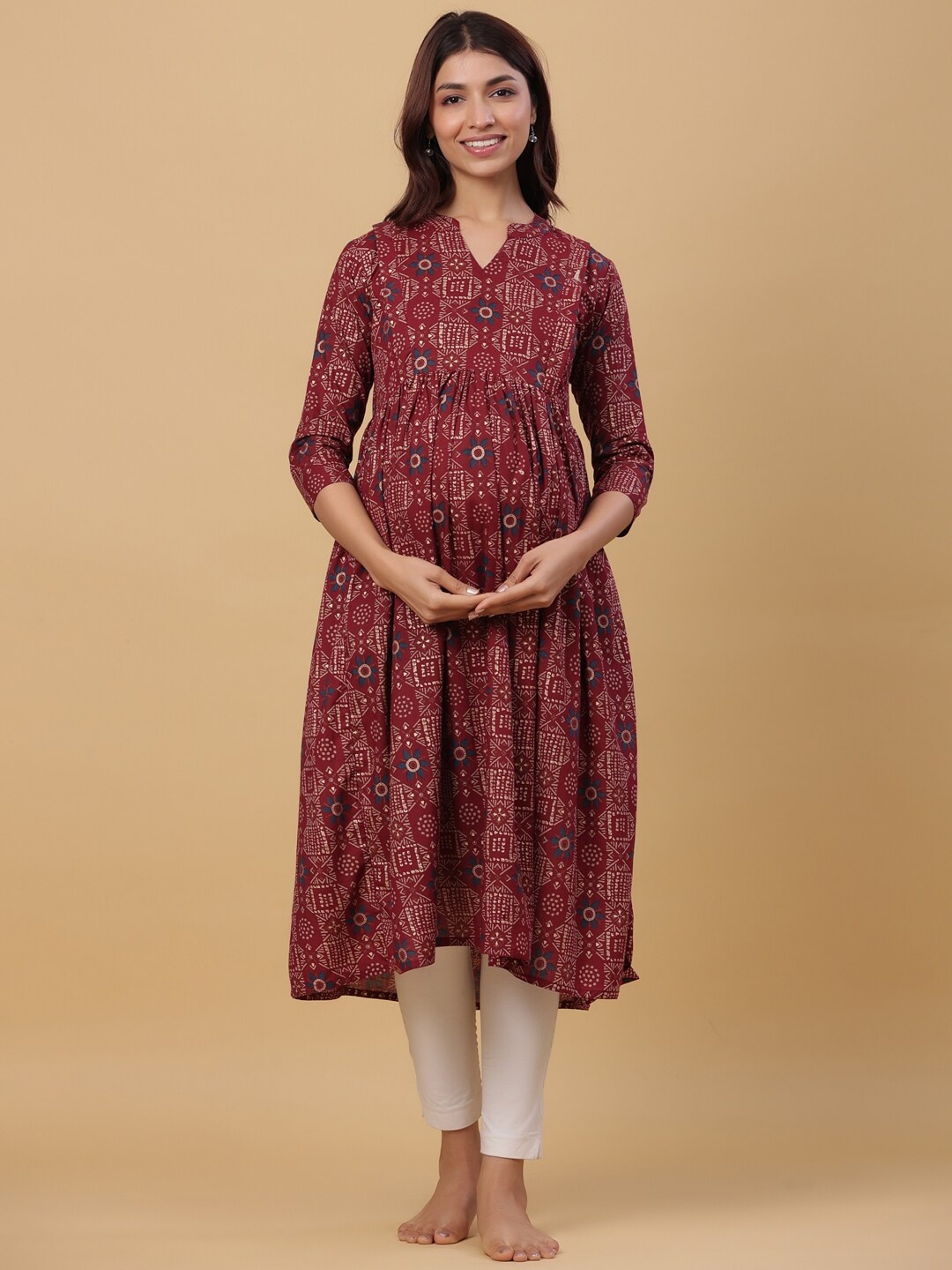 

CRAFIQA Ethnic Motifs Printed Maternity A-Line Kurta, Maroon