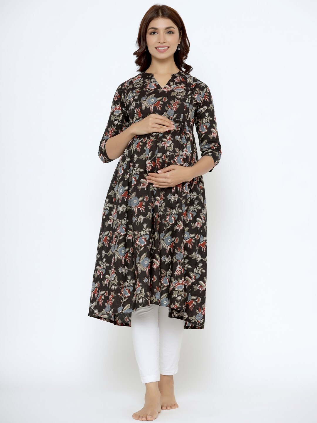 

CRAFIQA Floral Printed Pure Cotton Maternity & Nursing Kurta, Black