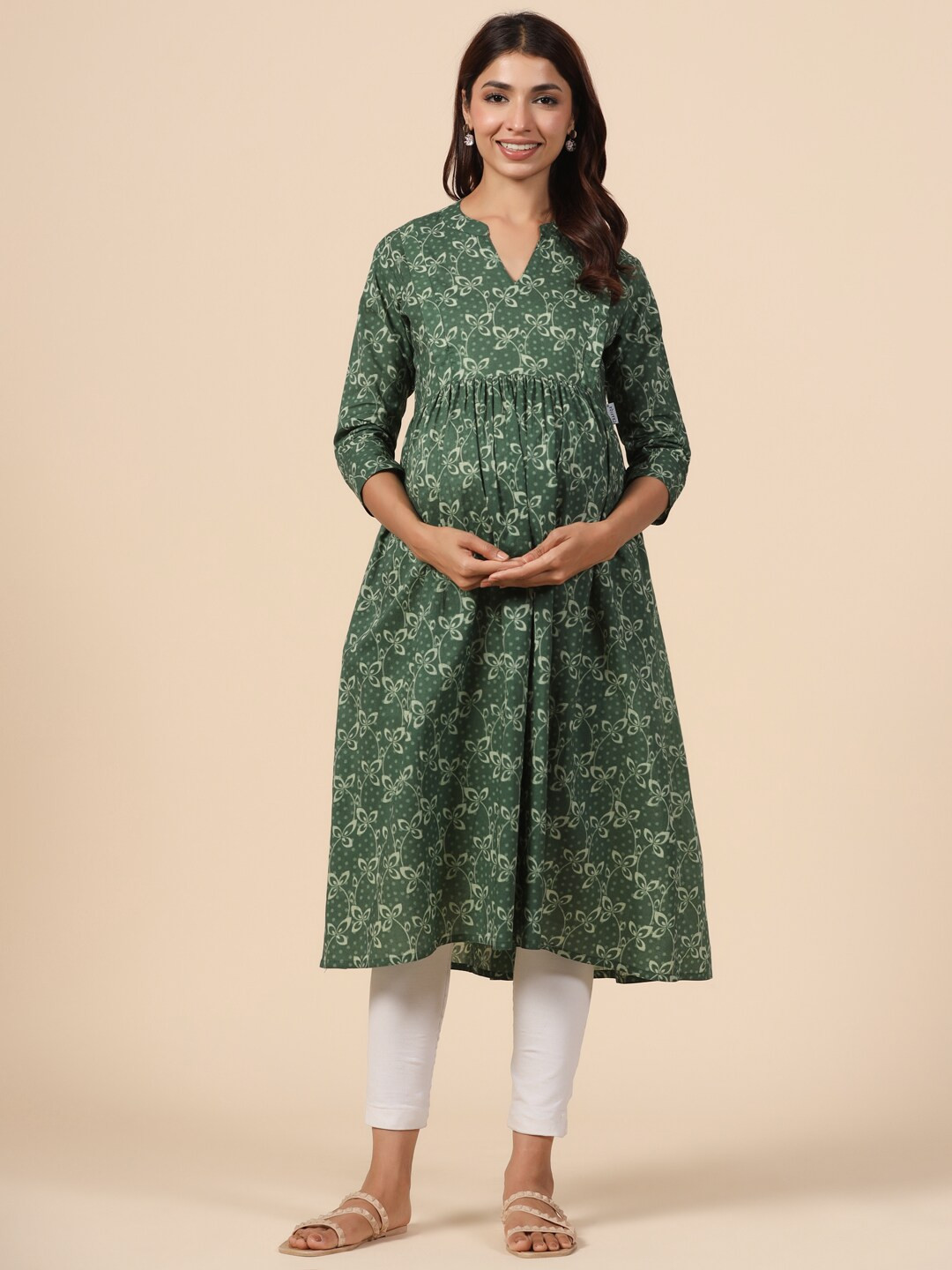

CRAFIQA Women Ethnic Motifs Printed Cotton Maternity A_Line Kurta, Green