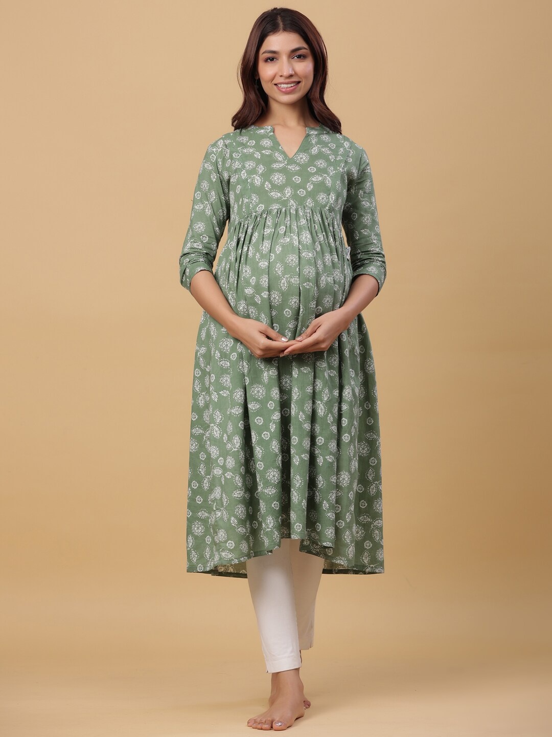 

CRAFIQA Floral Printed Pure Cotton Maternity & Nursing Kurta, Green