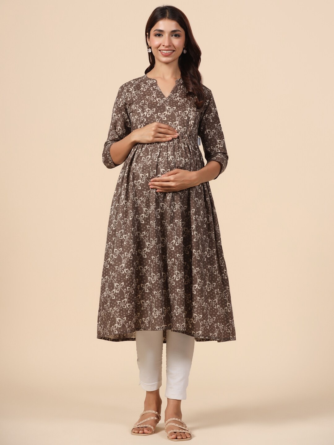 

CRAFIQA Floral Printed Anarkali Cotton Maternity & Nursing Kurta, Grey