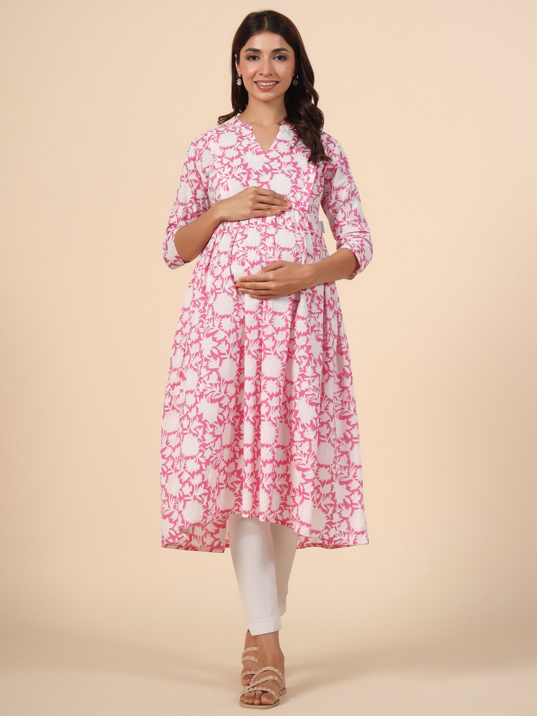 

CRAFIQA Floral Printed Mandarin Collar Anarkali Maternity Cotton Kurta, Pink