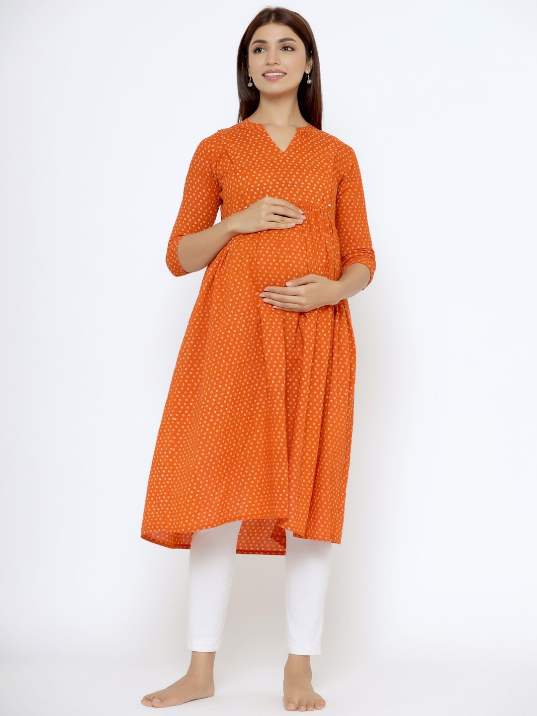 

CRAFIQA Abstract Printed Pure Cotton Maternity And Feeding Kurta, Orange