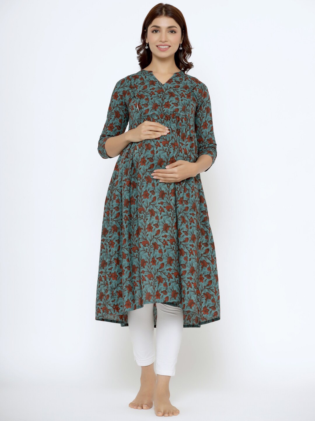

CRAFIQA Women Floral Printed Cotton Maternity A-Line Kurta, Blue