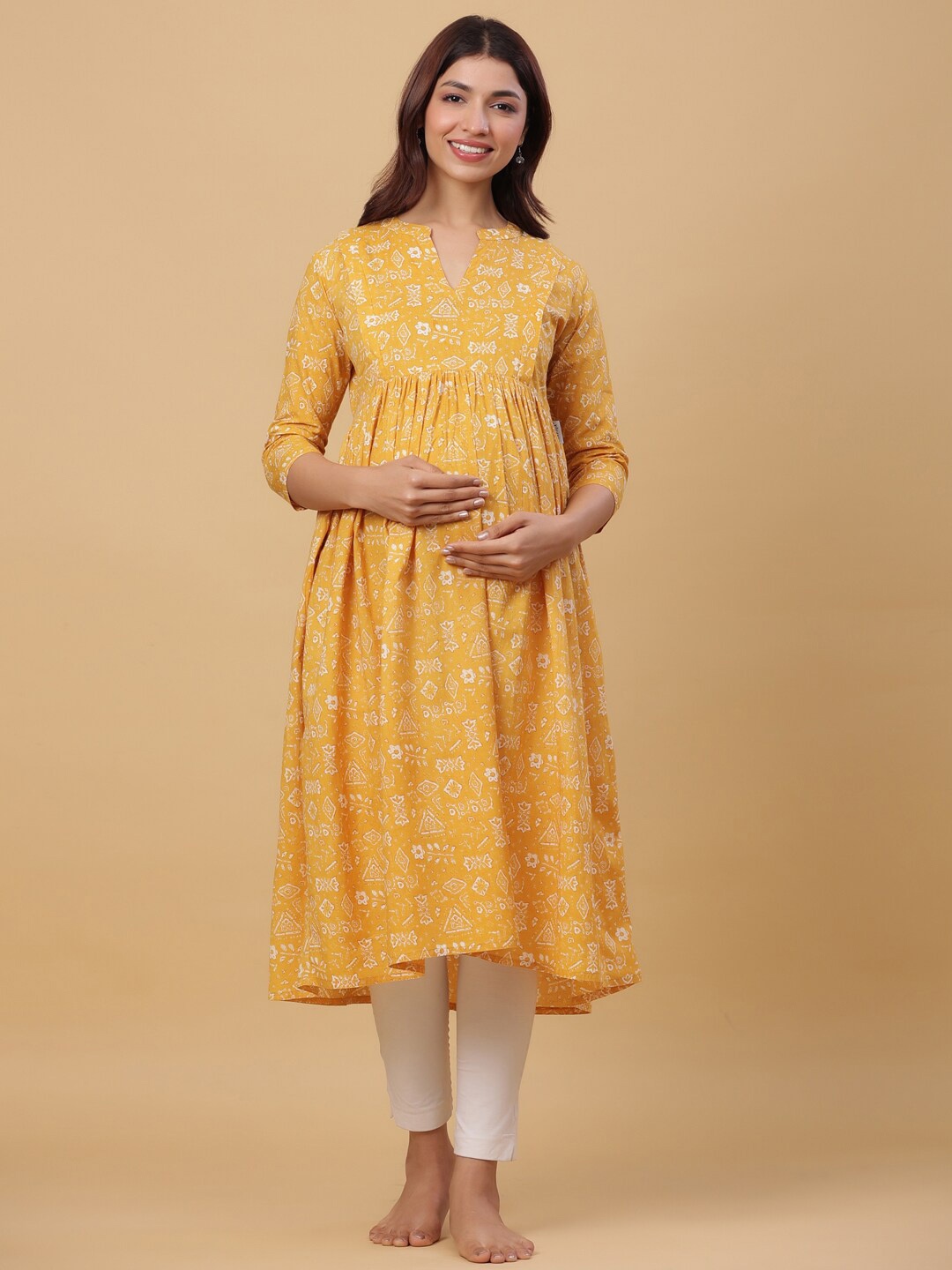 

CRAFIQA Floral Printed Pure Cotton Maternity & Nursing Kurta, Mustard