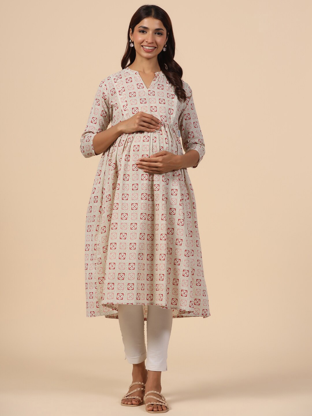

CRAFIQA Ethnic Motifs Printed Anarkali Pure Cotton Maternity & Nursing Kurta, White