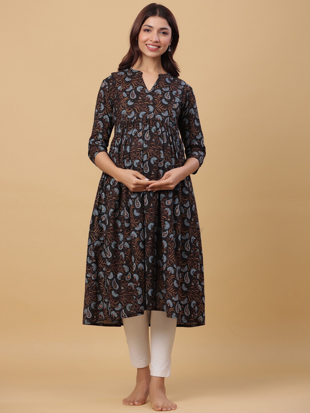 

CRAFIQA Floral Printed Pure Cotton Maternity & Nursing Kurta, Black