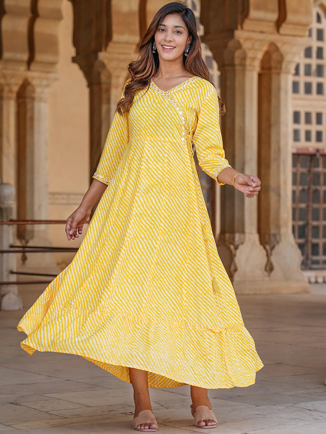 

KALINI Striped Embroidered Wrap Ethnic Dress, Yellow