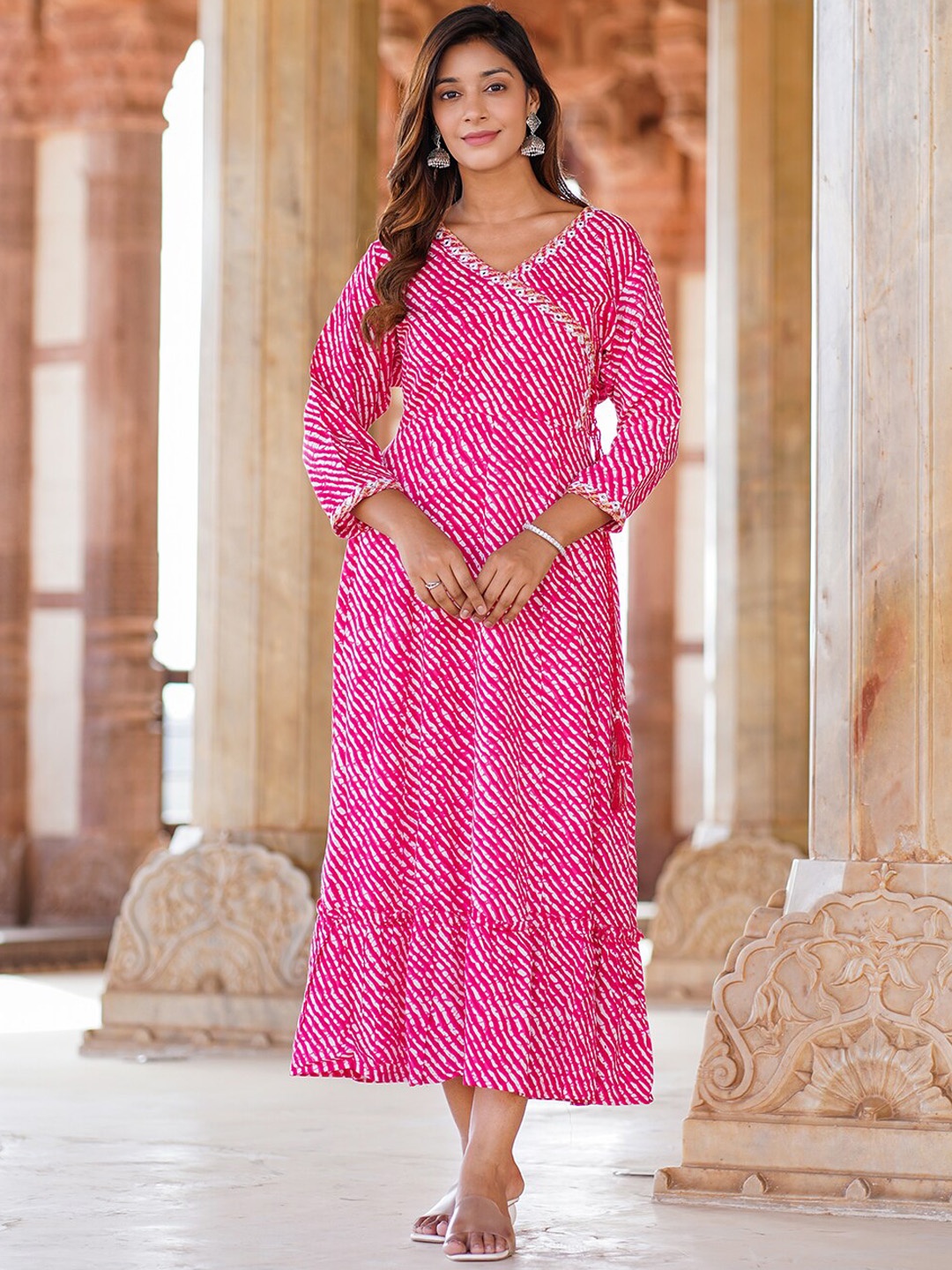 

KALINI Striped Embroidered Wrap Ethnic Dress, Pink