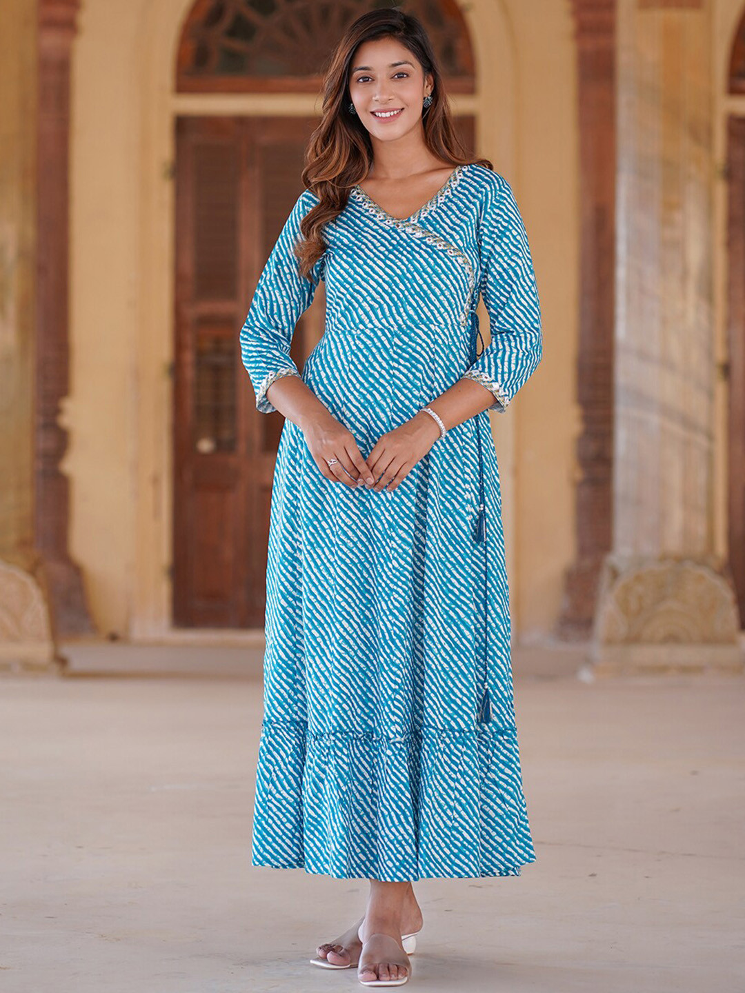

KALINI Striped Embroidered Wrap Ethnic Dress, Blue
