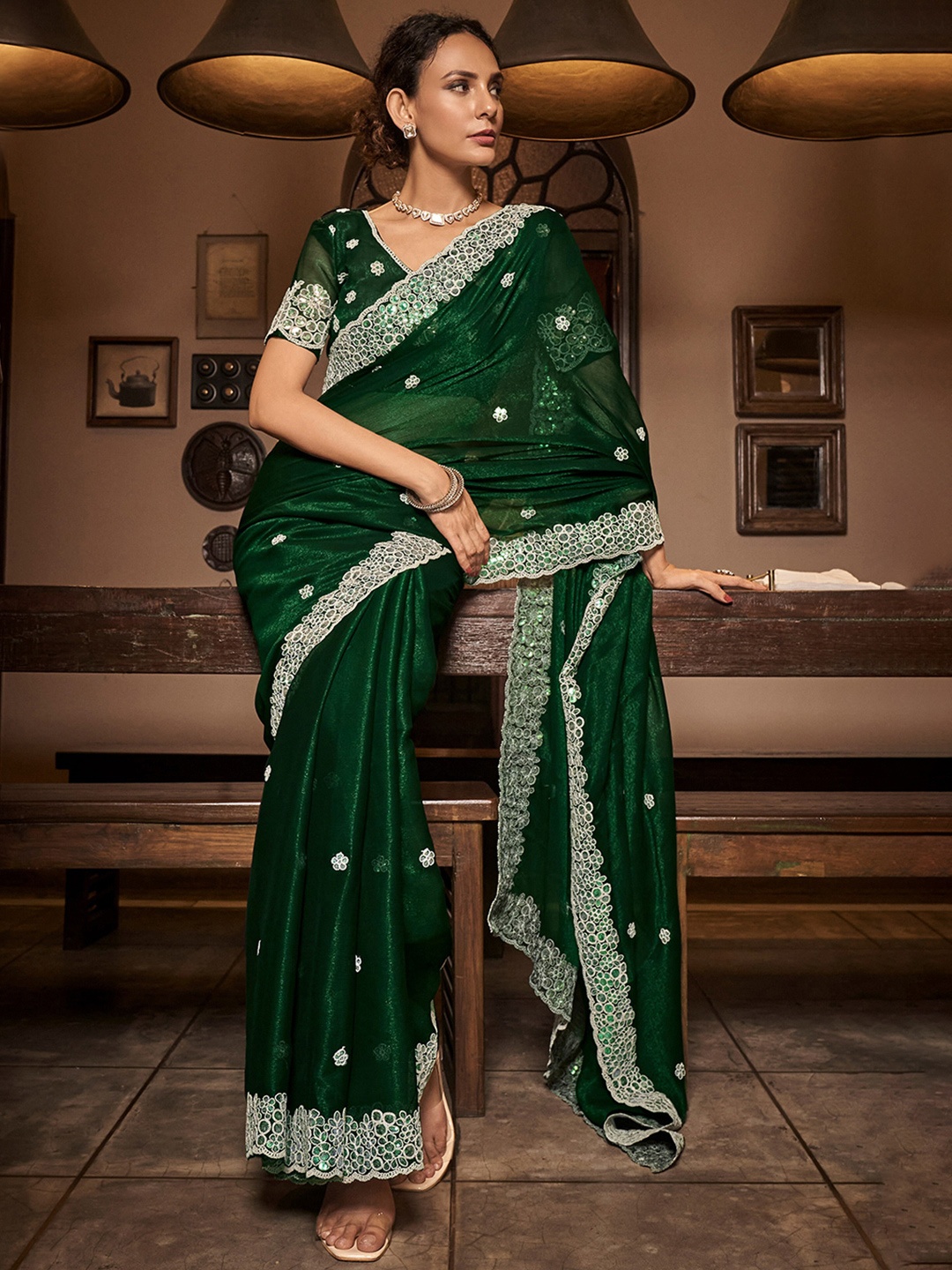 

Mitera Green Floral Embroidered Beads and Stones Pure Chiffon Saree