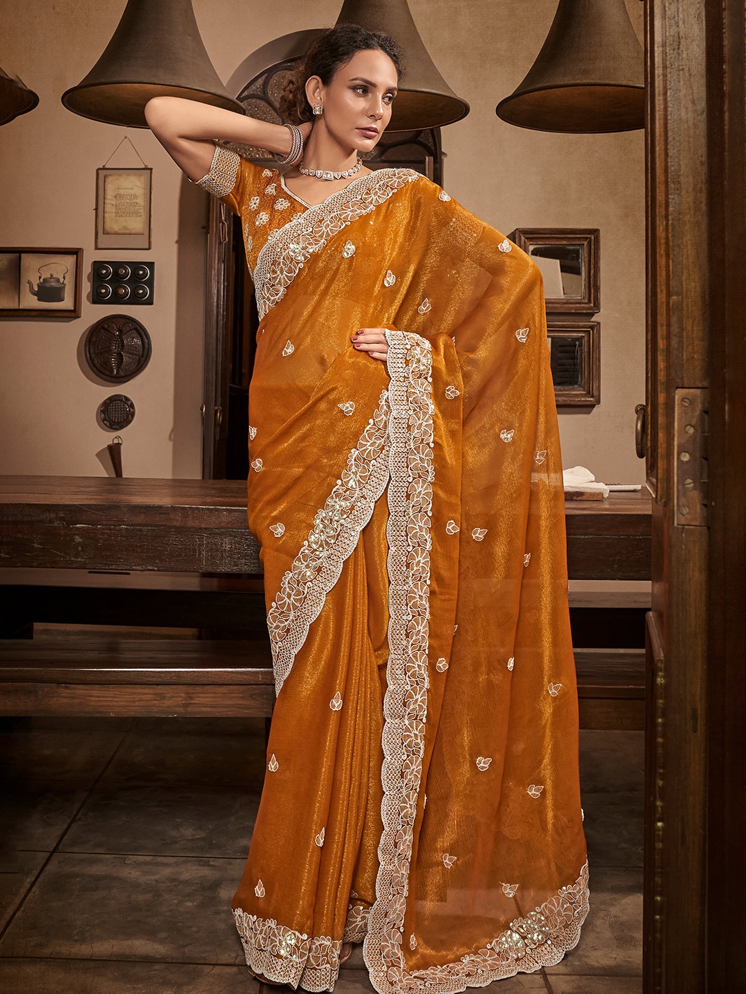 

Mitera Mustard Yellow Floral Embroidered Sequinned Pure Chiffon Saree