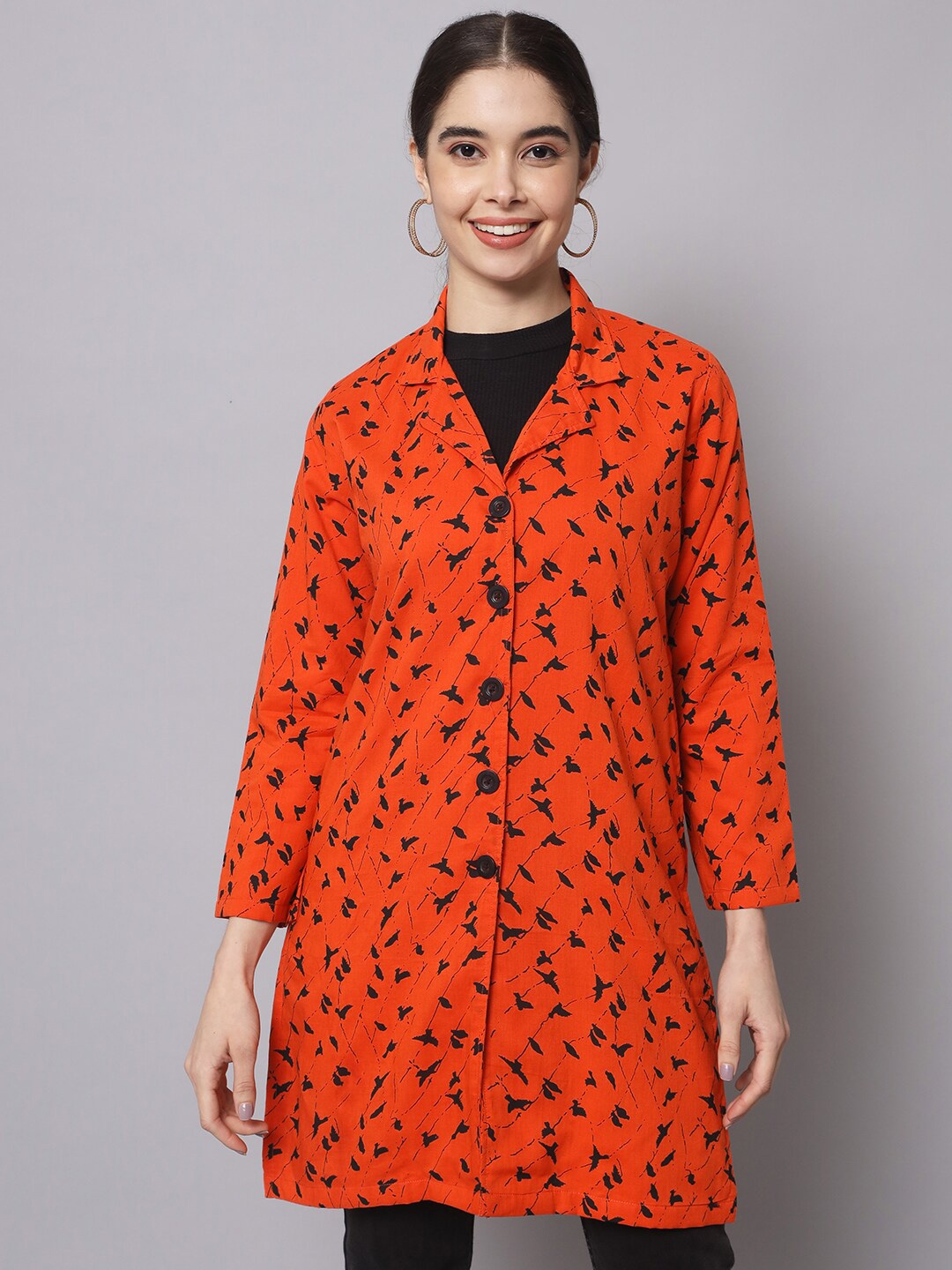 

KALINI Floral Lightweight Cotton Longline Open Front Jacket, Orange