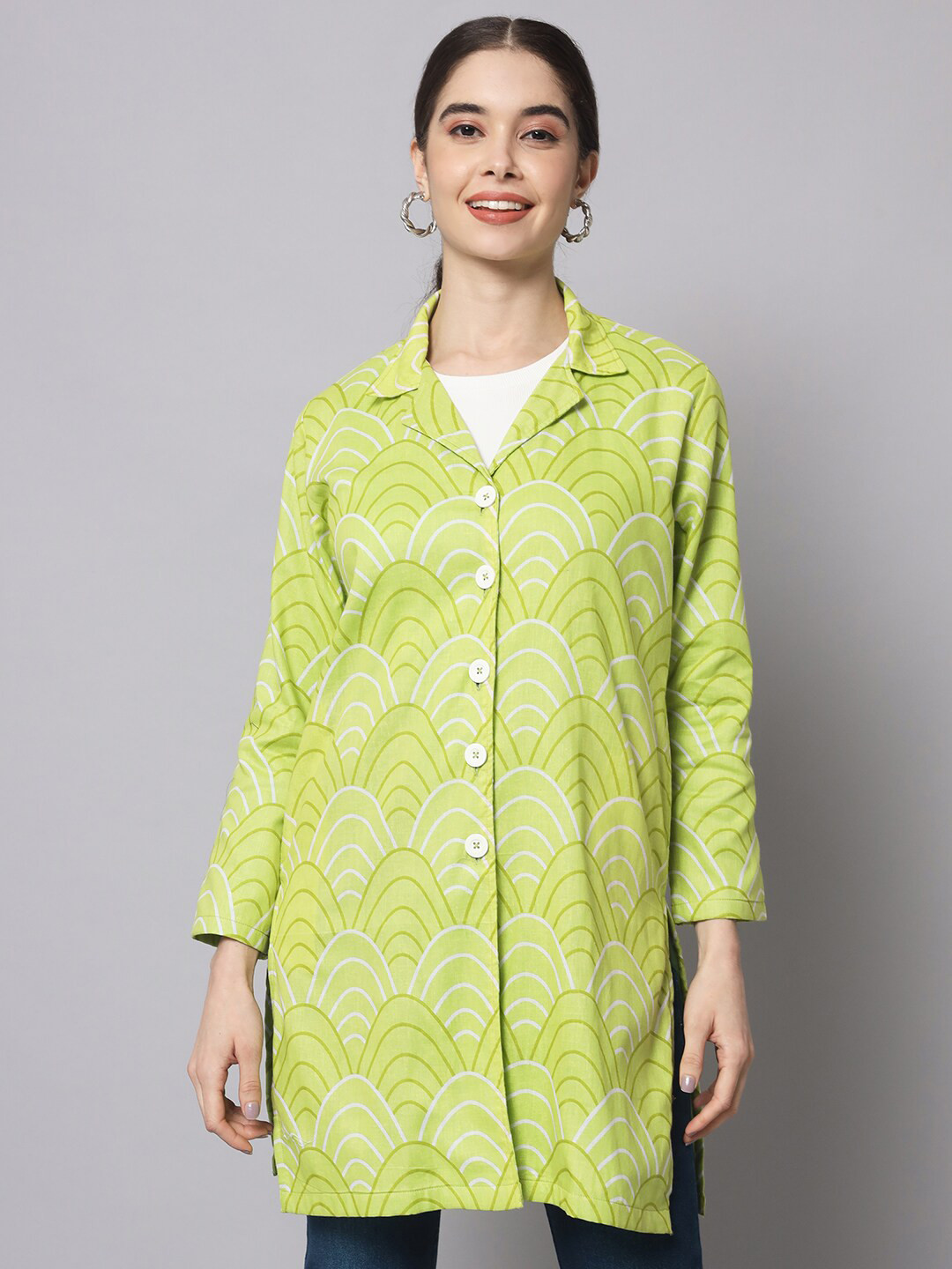 

KALINI Geometric Lightweight Cotton Longline Shacket, Green