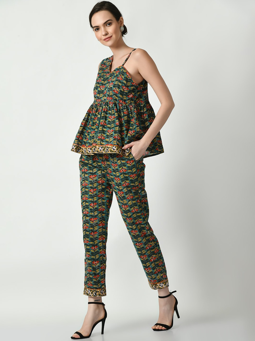

DressBerry Green Printed One-Shoulder Pure Cotton Top With Trouser