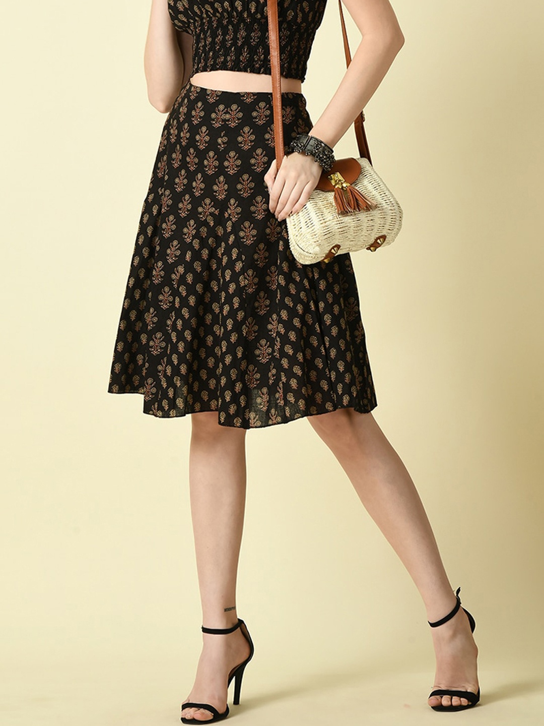 

DressBerry Printed Pure Cotton Knee Length Flared Skirt, Black