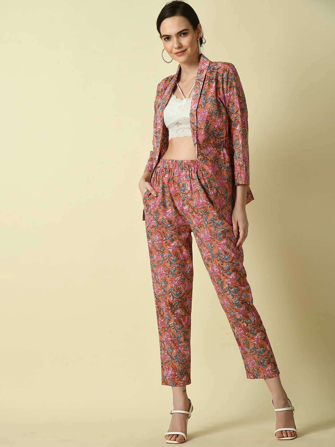 

DressBerry Rust & Pink Printed Pure Cotton Shawl Neck Coat With Trouser Co-Ords