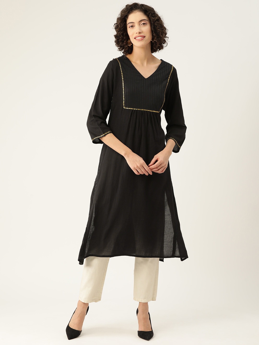 

CRAFTED FOR YOU Black Striped V-Neck Sequinned Pure Cotton Sequinned Kurta