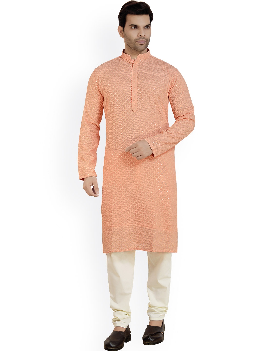 

ARRUGA Ethnic Motifs Embroidered Sequinned Georgette Kurta With Churidar, Peach