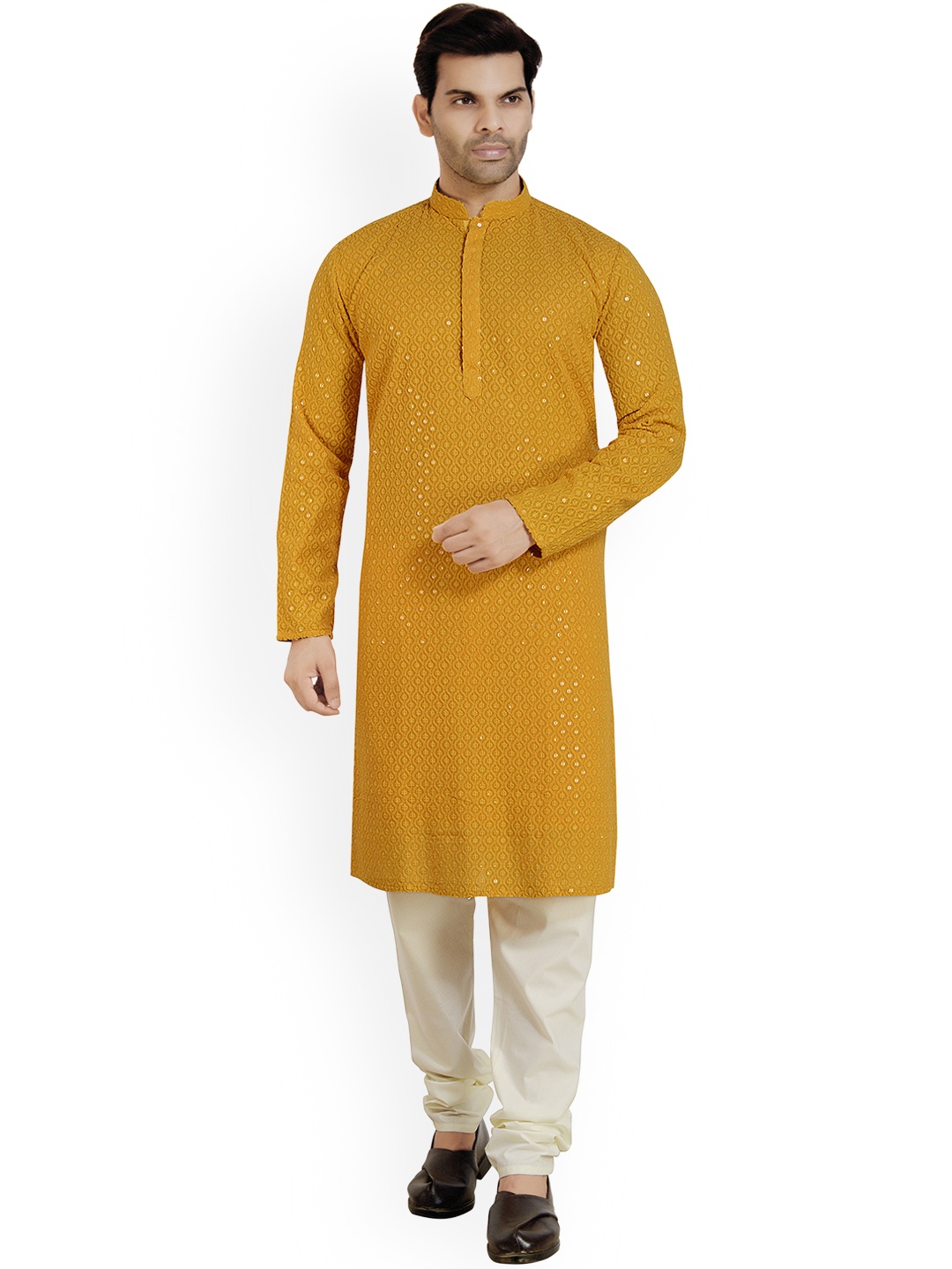 

ARRUGA Ethnic Motifs Embroidered Sequinned Georgette Kurta With Churidar, Mustard