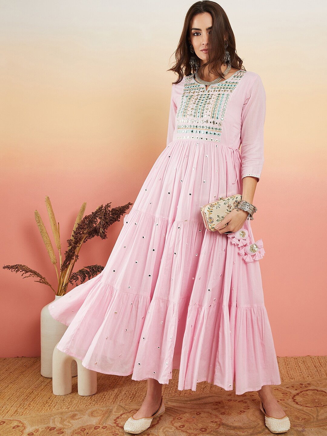 

Sangria Embellished Mirror Work Fit & Flared Pure Cotton Maxi Ethnic Dress, Pink