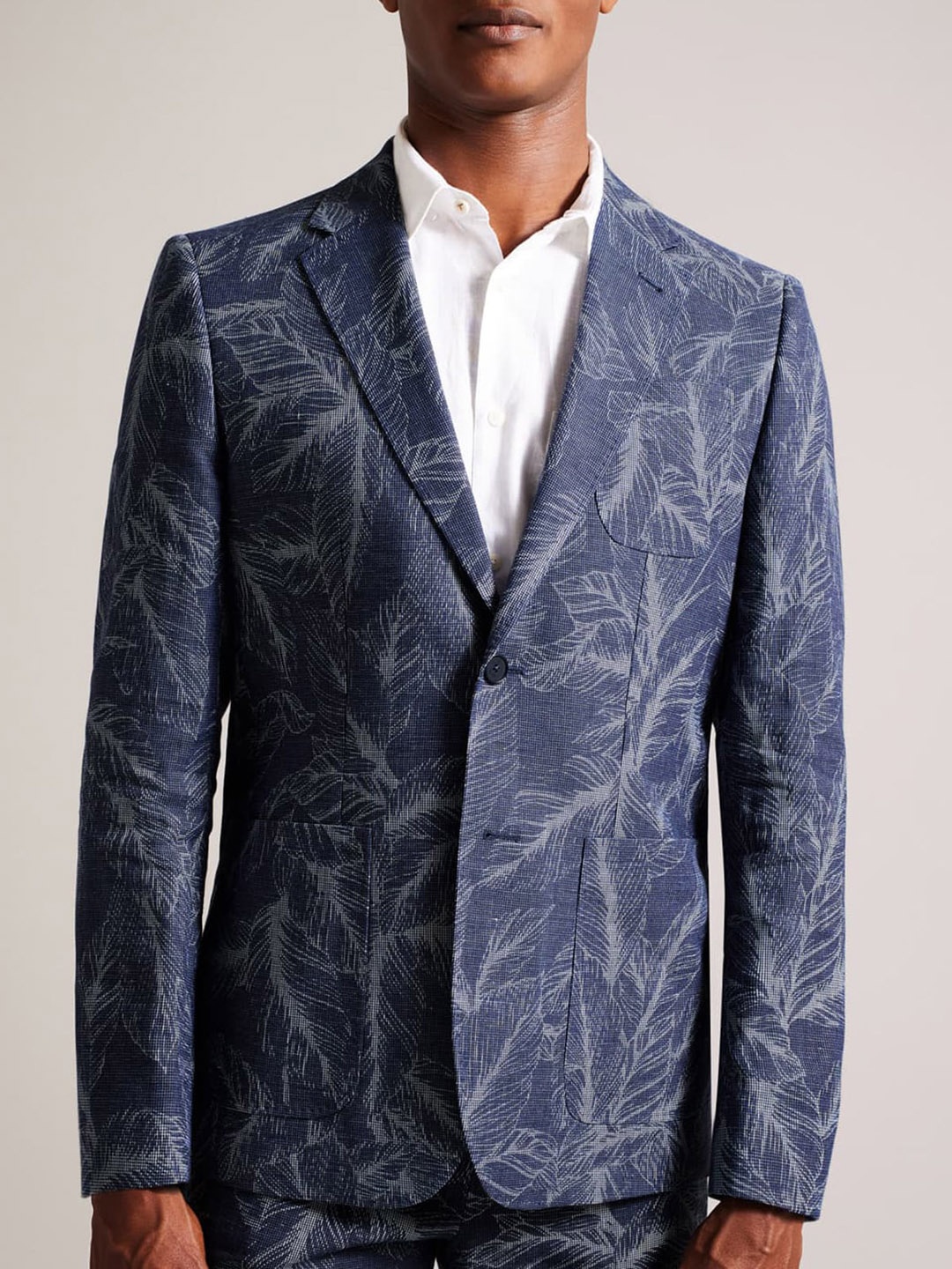 

Ted Baker Leaf Printed Notched Lapel Single Breasted Cotton Slim Fit Blazer, Navy blue
