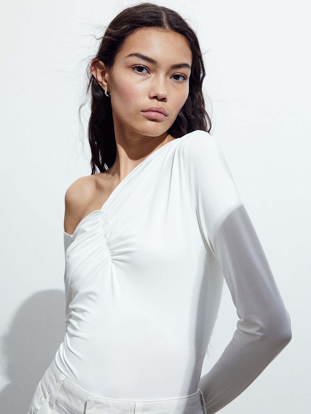

H&M Draped One-Shoulder Thong Bodysuit, White