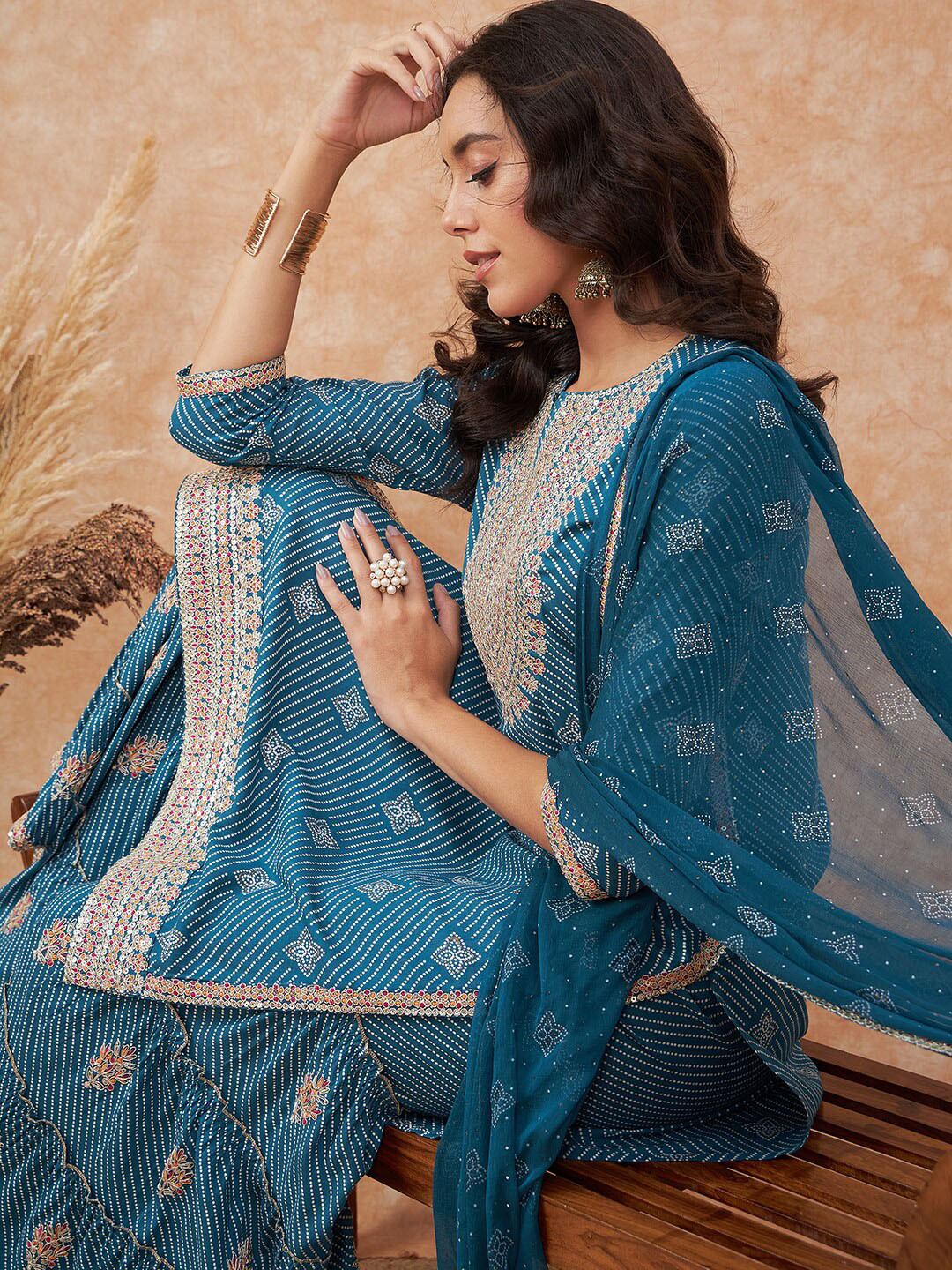 

Sangria Ethnic Motifs Printed & Embroidered Kurta With Sharara & Dupatta, Turquoise blue