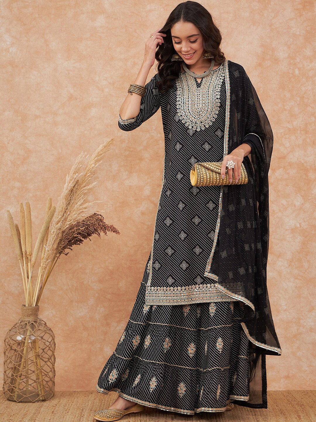 

Sangria Ethnic Motifs Printed & Embroidered Kurta With Sharara & Dupatta, Black