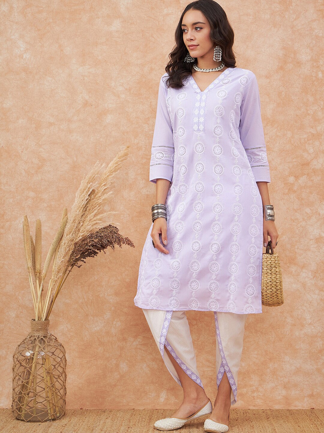 

Sangria Floral Printed Pure Cotton Straight Kurta With Dhoti Pant, Purple
