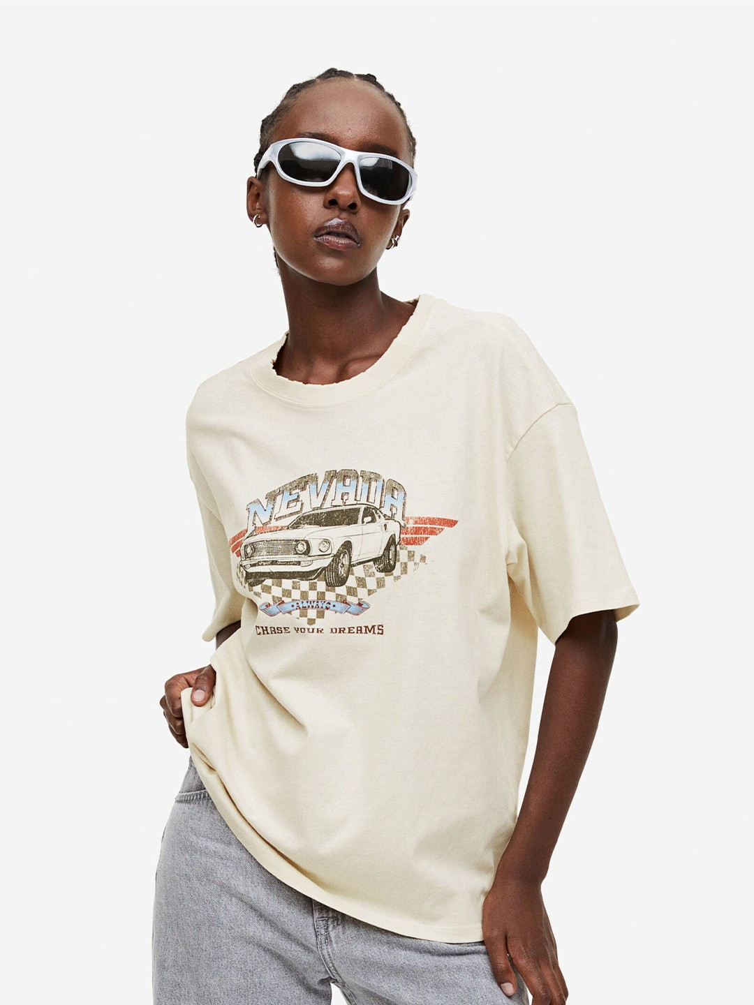 

H&M Pure Cotton Oversized Printed T-shirt, White