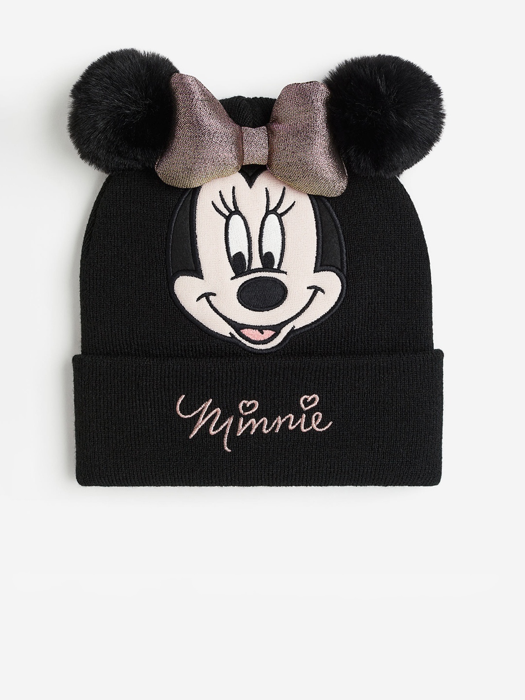 

H&M Girls Appliqud Pompom Beanie Hat, Black