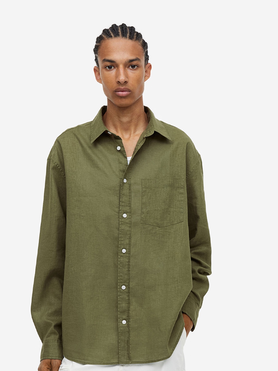 

H&M Men Relaxed Fit Linen-Blend Shirt, Green