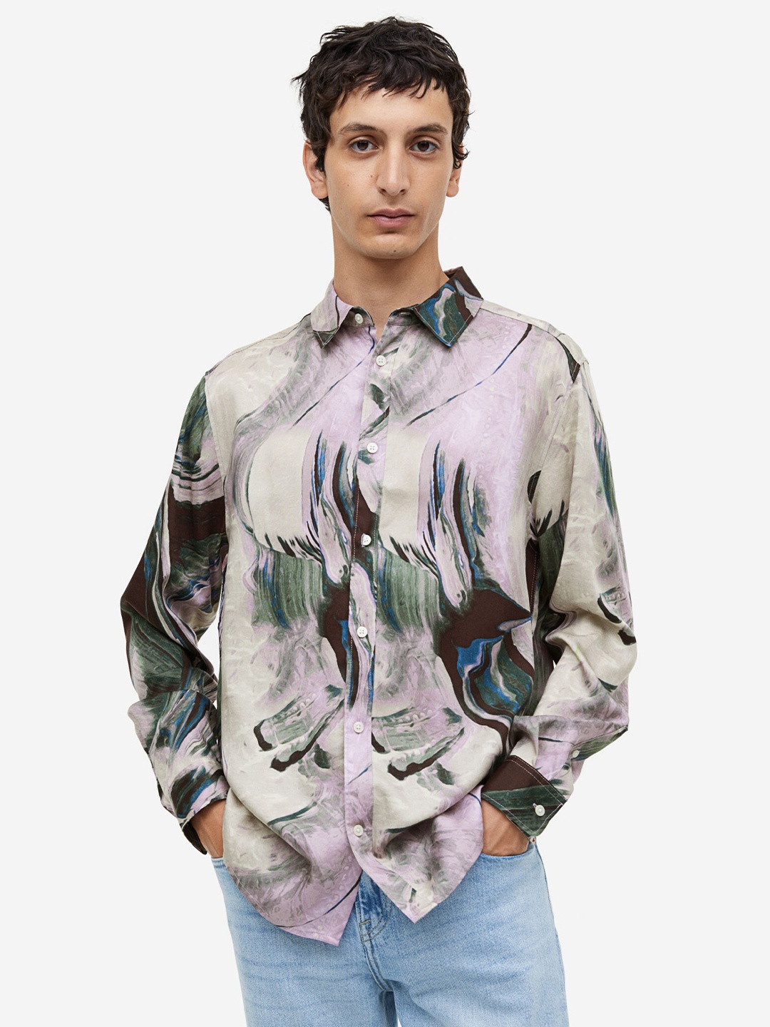 

H&M Men Regular Fit Patterned Lyocell Shirt, Purple