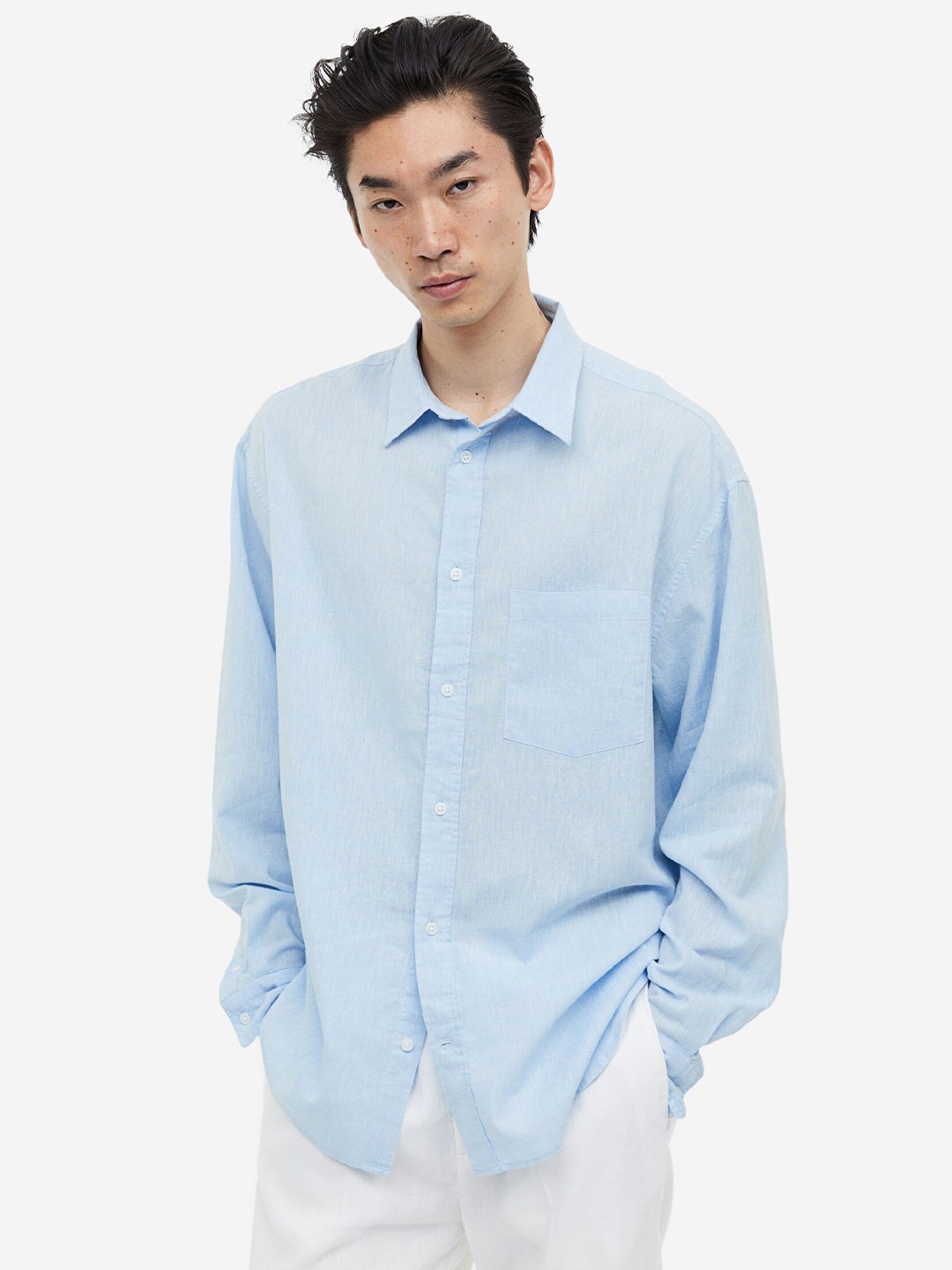

H&M Men Relaxed Fit Linen-Blend Shirt, Blue