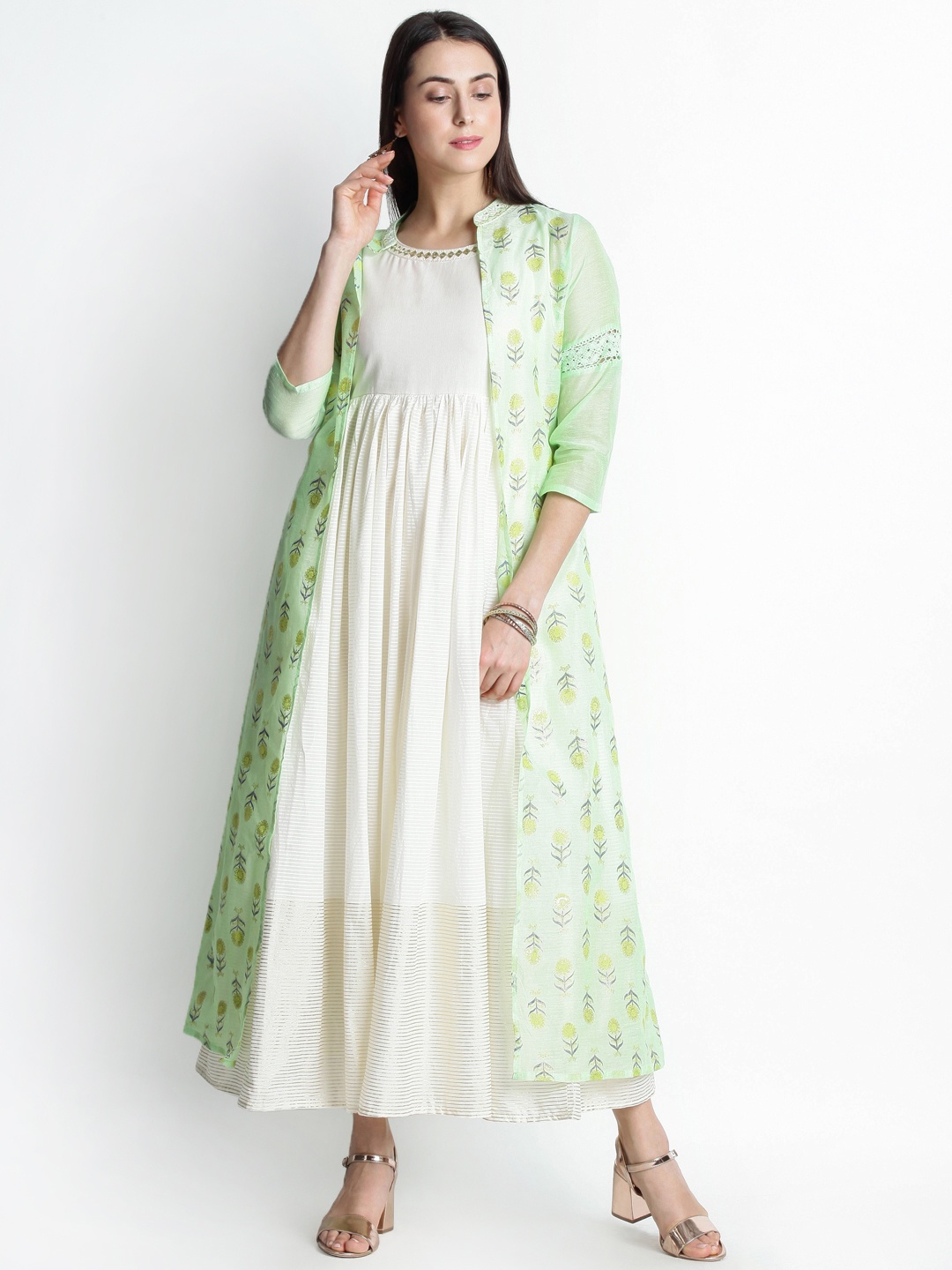 

TRISHAA BY PANTALOONS Women Sea Green Self Design Layered Maxi Dress