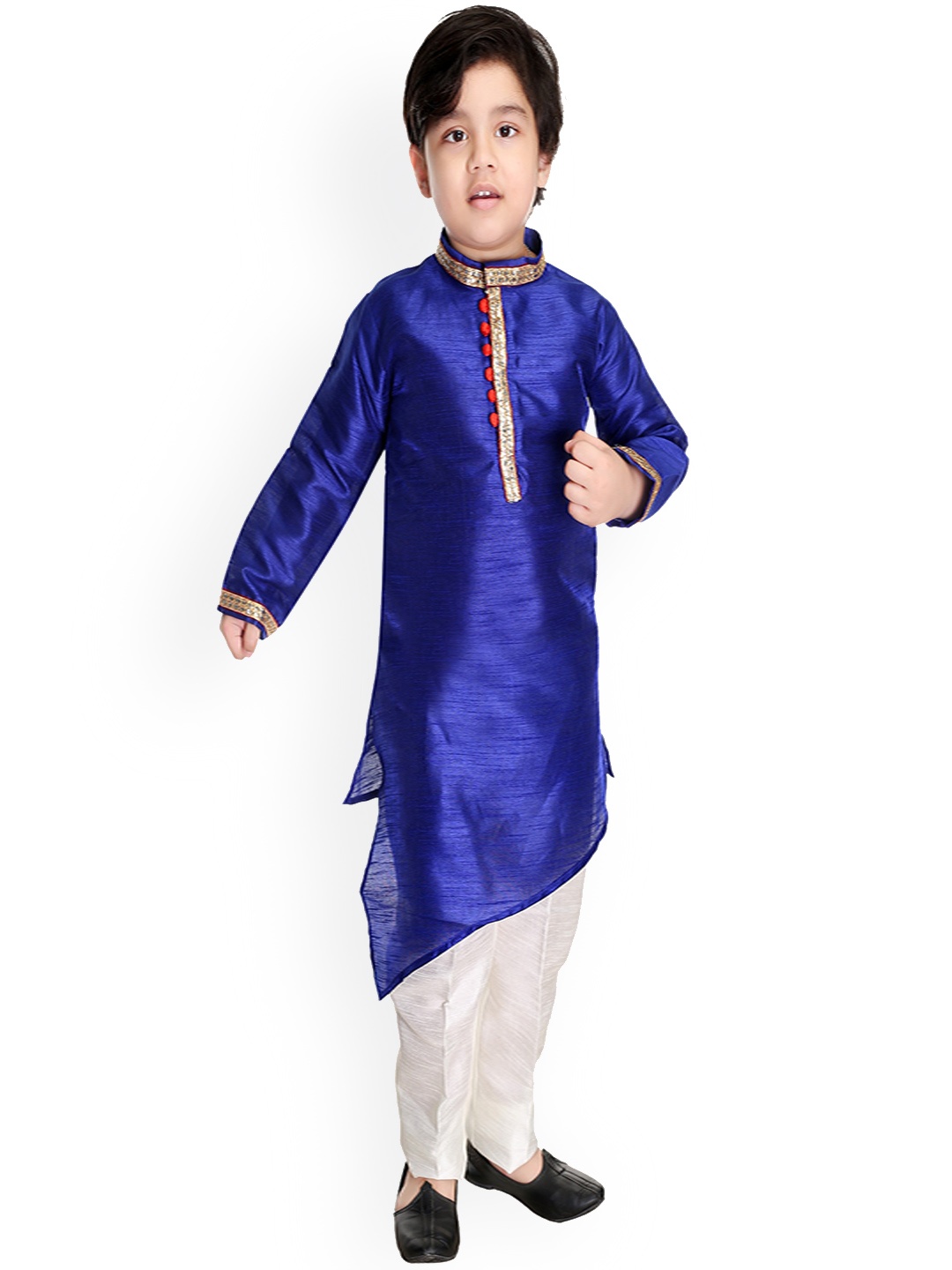 

BAESD Boys Band Collar Asymmetric Dupion Silk Straight Kurta with Pyjamas, Blue