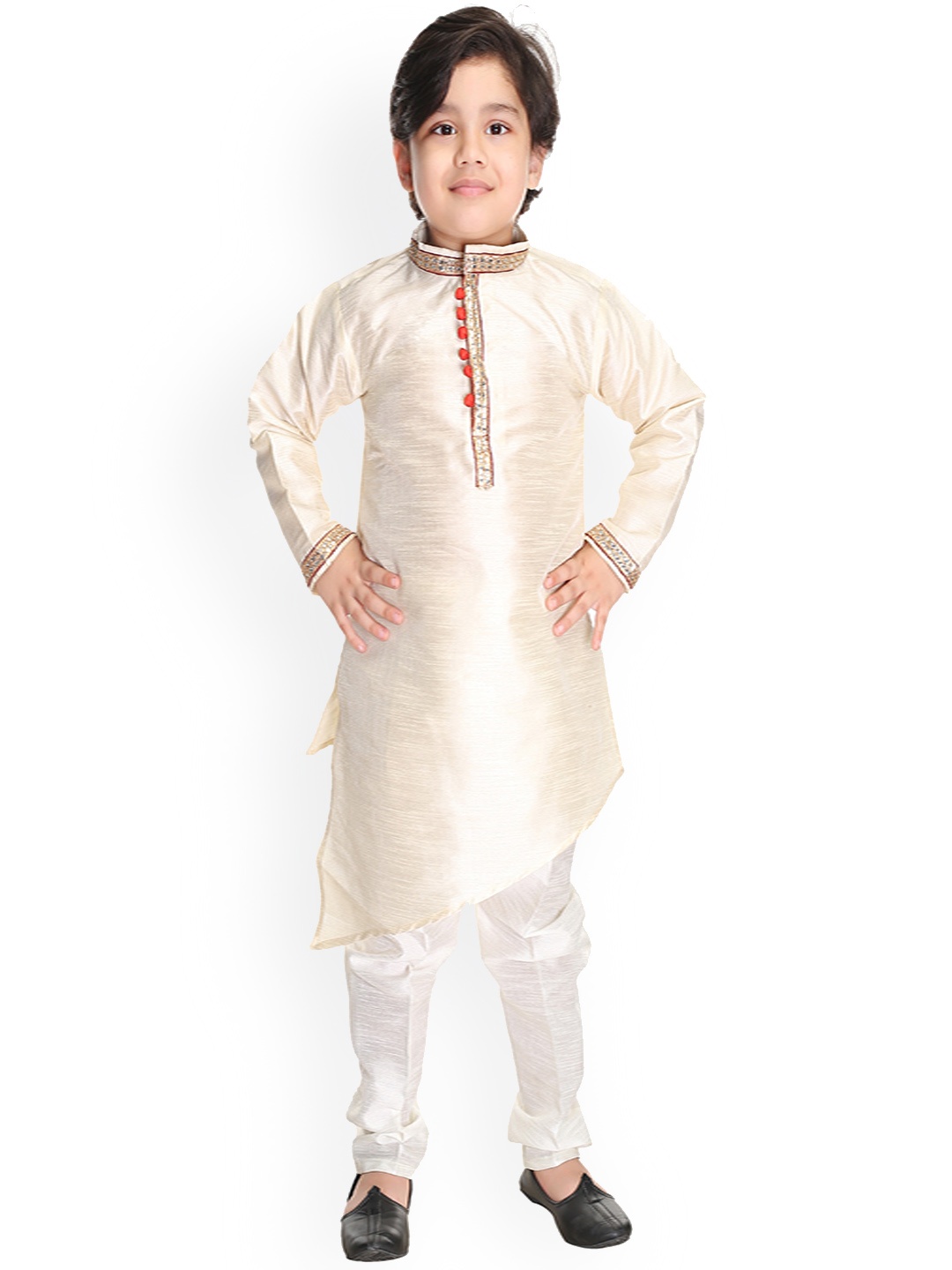 

BAESD Boys Mandarin Collar Asymmetric Hem Dupion Silk Kurta With Pyjamas, Off white