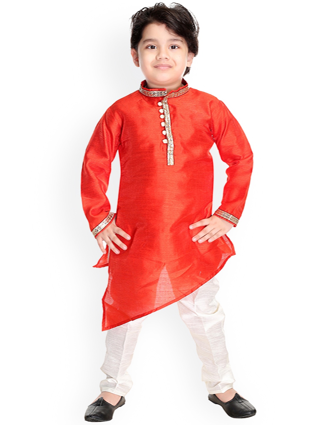 

BAESD Boys Band Collar Asymmetric Dupion Silk Straight Kurta with Pyjamas, Red