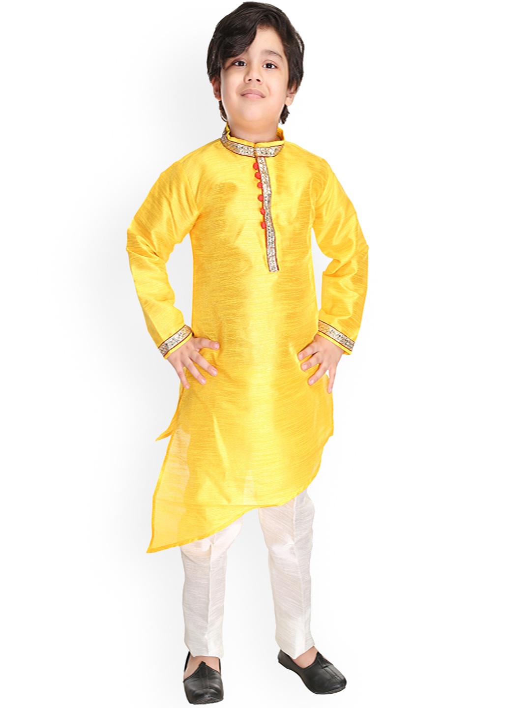 

BAESD Boys Band Collar Asymmetric Dupion Silk Straight Kurta with Pyjamas, Yellow