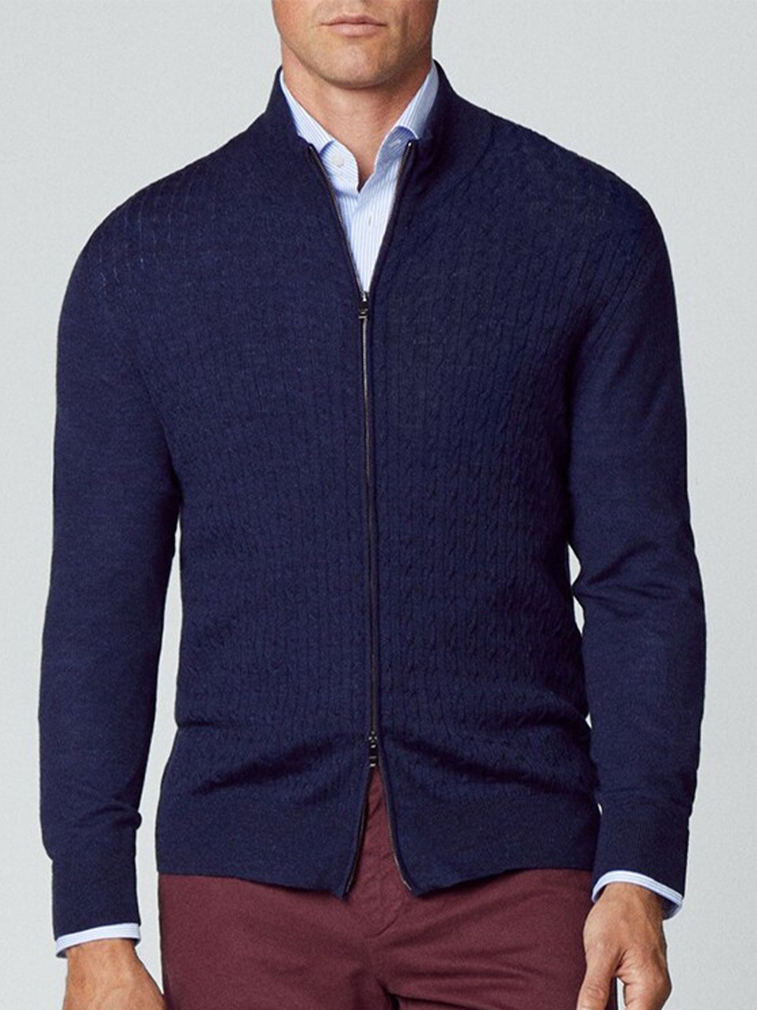 

HACKETT LONDON Self Design Cable Knit Woollen Cardigan Sweater, Navy blue