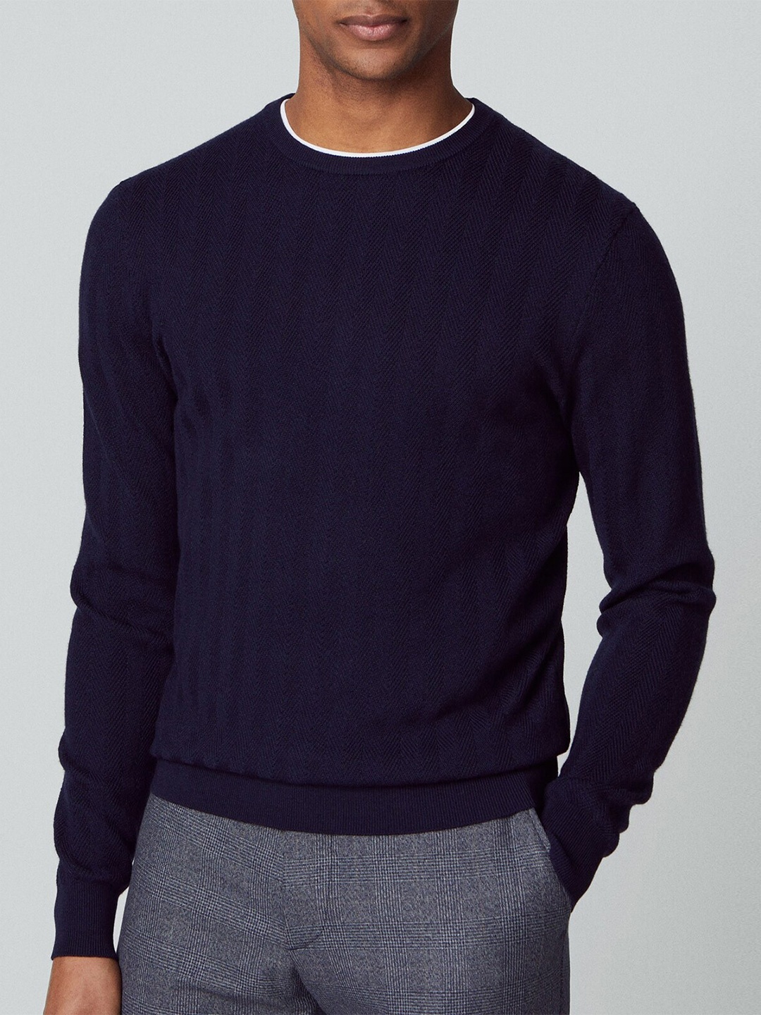 

HACKETT LONDON Self Design Cable Knit Woollen Pullover Sweater, Navy blue