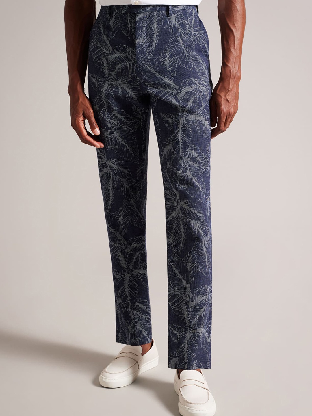 

Ted Baker Men Printed Cotton Linen Slim Fit Trousers, Navy blue